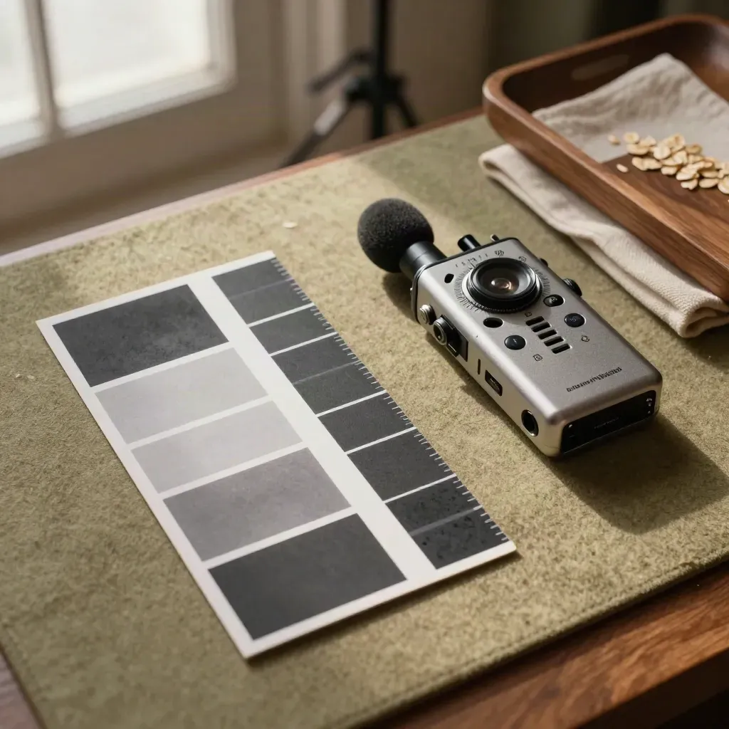 Overhead edit cards, audio recorder, and timing strips on a warm studio surface.