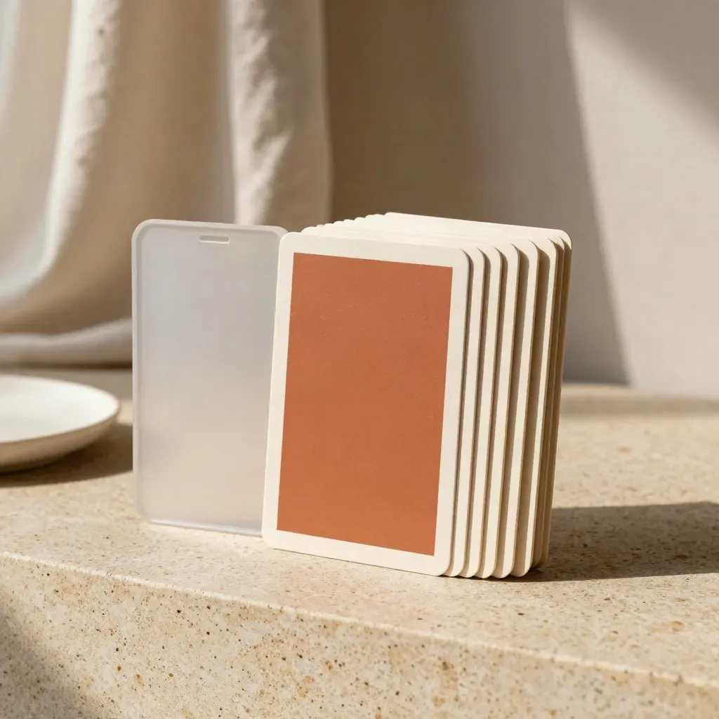 Fanned social template cards with acrylic phone mockup on a warm travertine plinth.