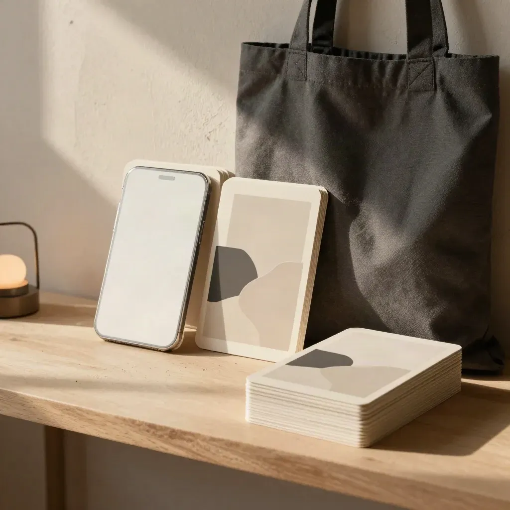 Creator kit cards, phone mockups and tote in a cozy studio corner, lit by warm afternoon sun.