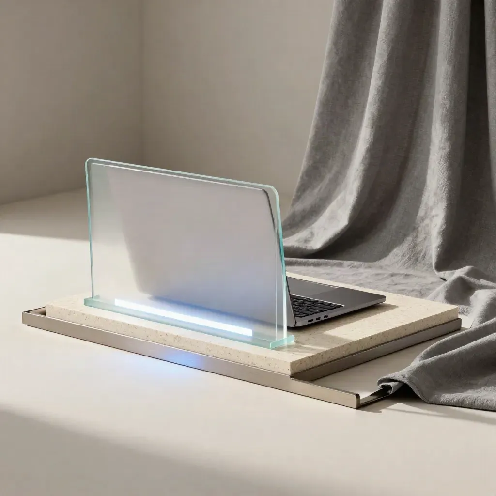 Frosted SaaS launch panel, closed laptop, and glowing header block in a minimal studio.