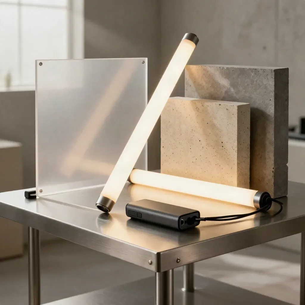 LED tubes, diffusion panels, matte blocks and a sealed media drive on a pewter shelf.