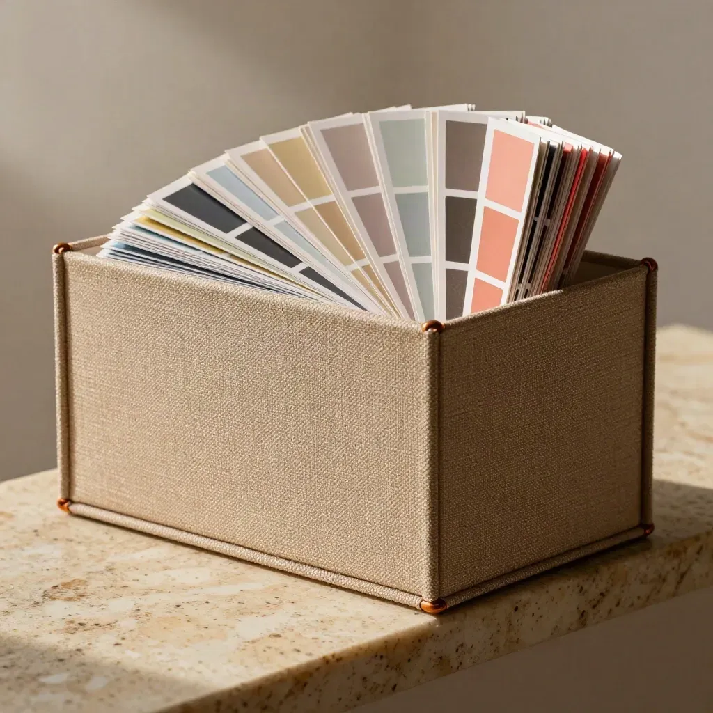 Cloth-bound brand guide box with swatch fan and color chips on warm stone.