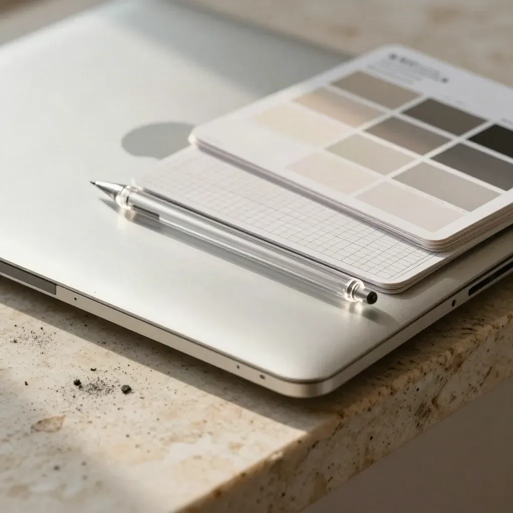 Closed laptop, glass stylus, grid cards and color card on travertine in soft daylight