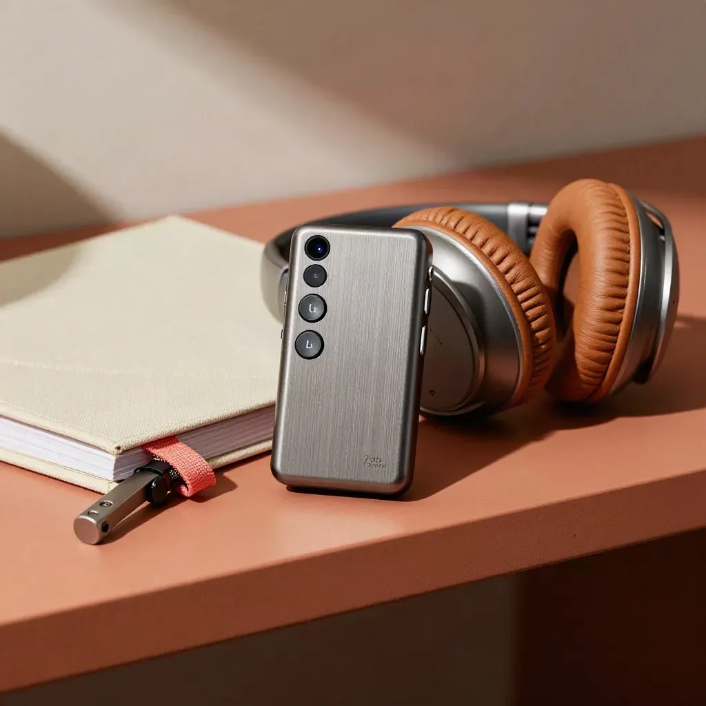 Travel-ready podcast gear bundle: recorder, headphones, binder and clamp in warm studio light.