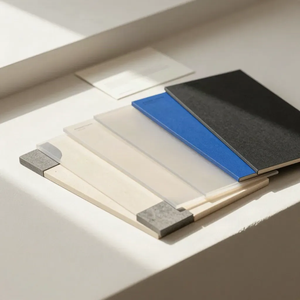 Translucent layout panes, color chips, and a matte black sample board on an off-white plaster sweep.