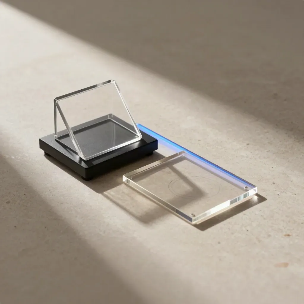 Overhead flatlay of clear frame cards, turntable base, and a blue light bar on pale limestone.