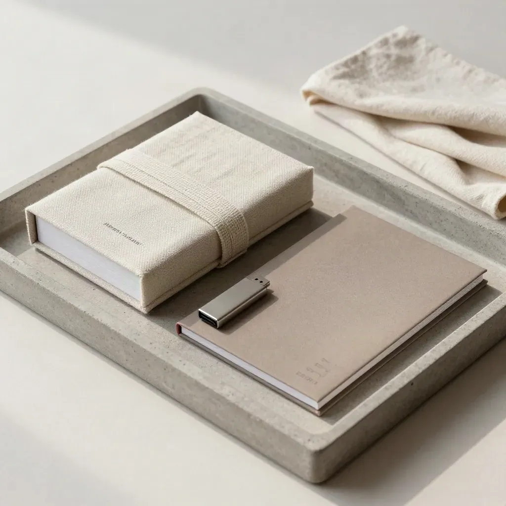 Stone tray with linen portfolio, brand book, USB drive and asset sleeve in soft daylight