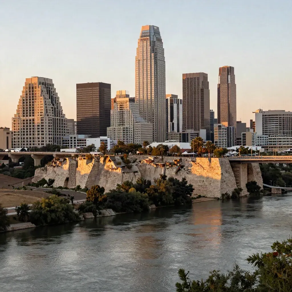 Austin skyline at sunset above limestone bluffs and a hazy river overlook.