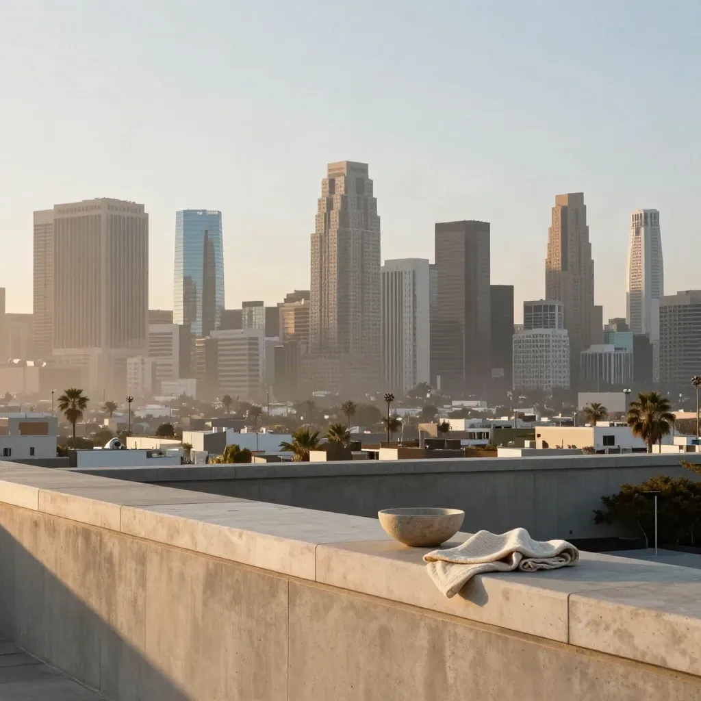 Hazy Los Angeles skyline above a quiet rooftop parapet at golden hour