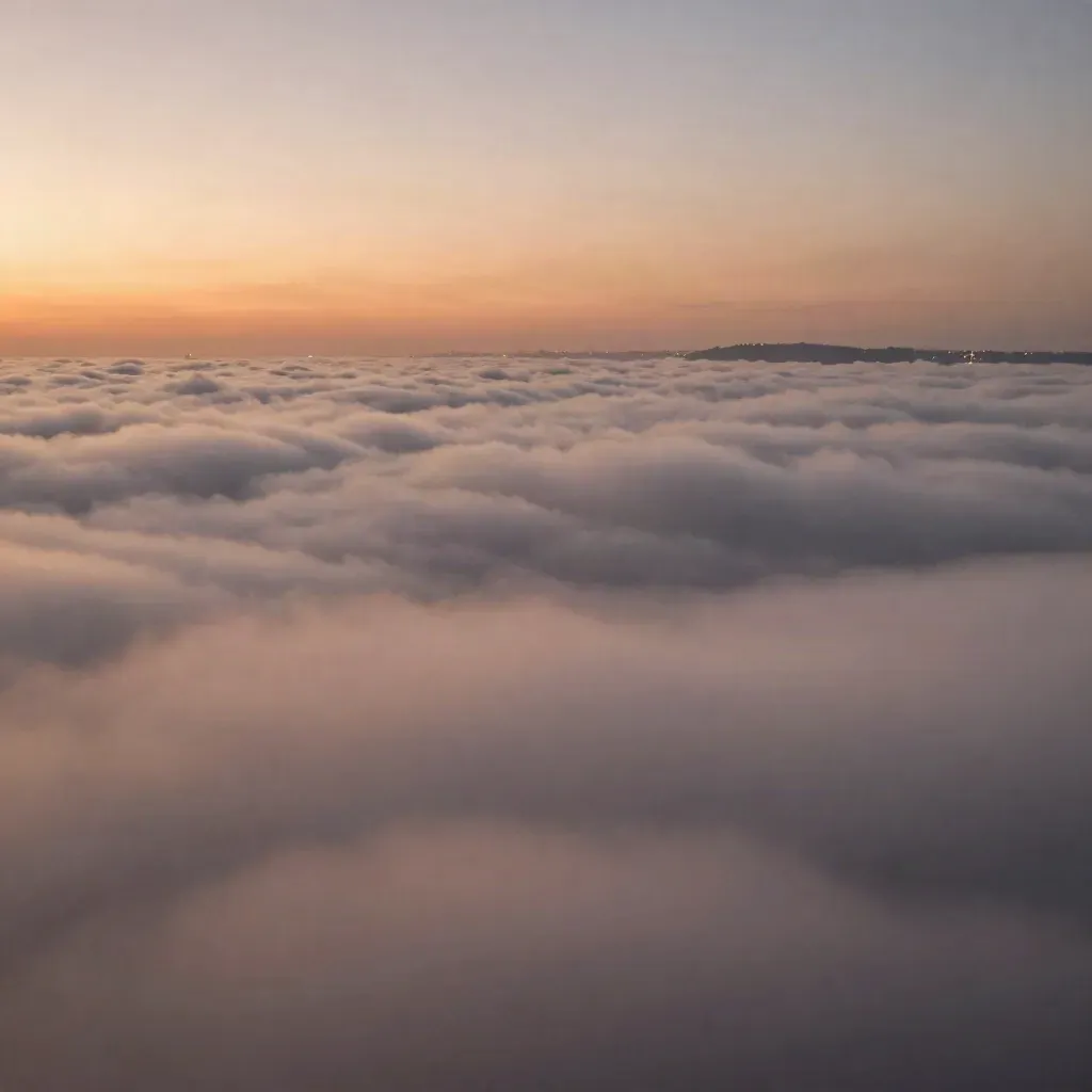Pre-dawn cloud deck with faint horizon city lights and a thin coral dawn band