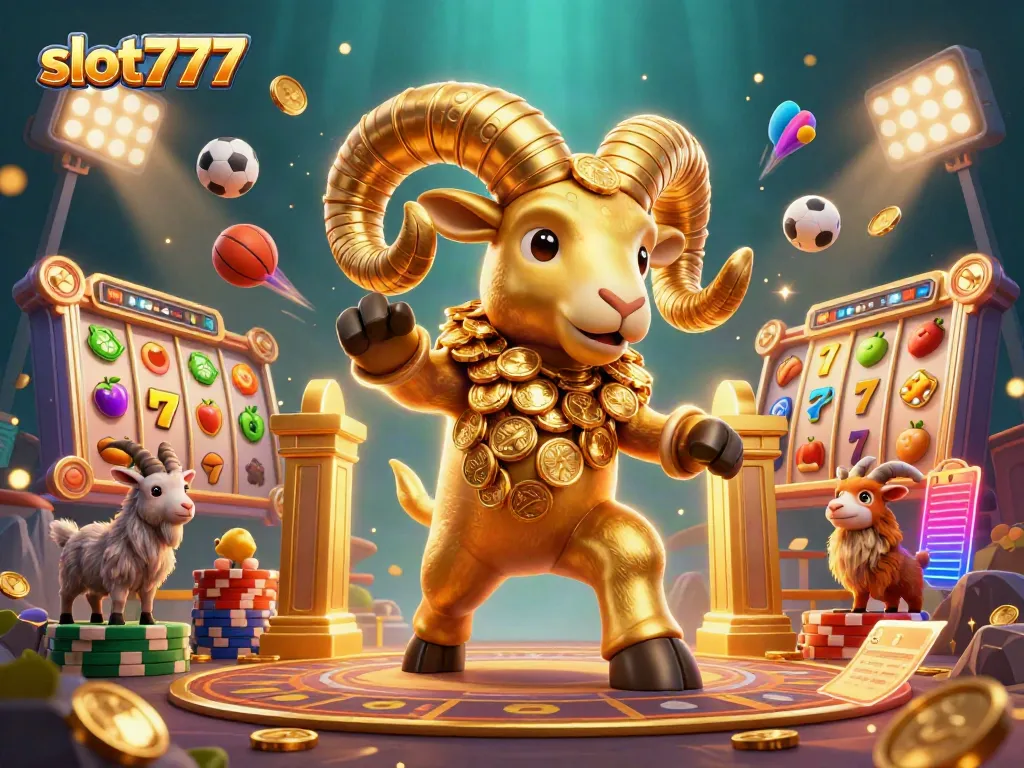 Menangkan jackpot dengan slot777 yang menampilkan domba emas dan elemen permainan slot yang dinamis.