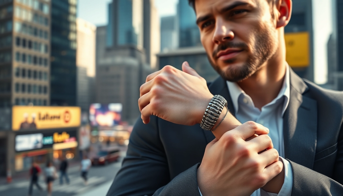 Man showcasing men’s jewelry with a modern urban backdrop, highlighting style and elegance.