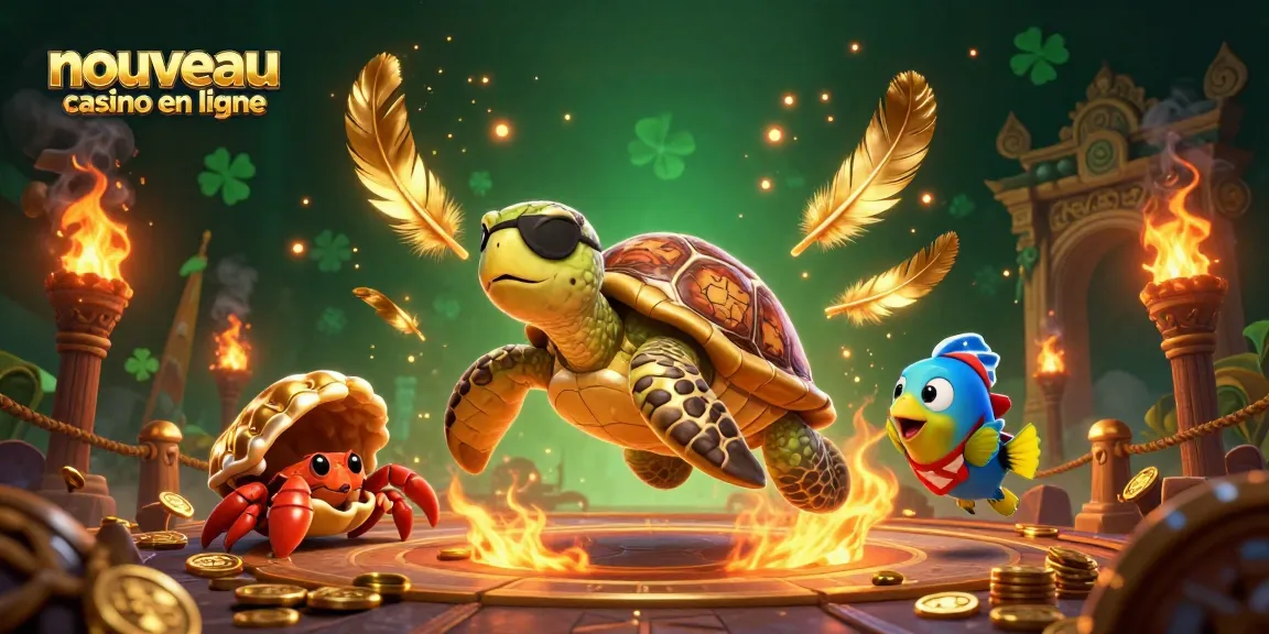 Illustration dynamique célébrant le nouveau casino en ligne avec une tortue pirate, un crabe ermite et un poisson perroquet au-dessus d'un trésor.