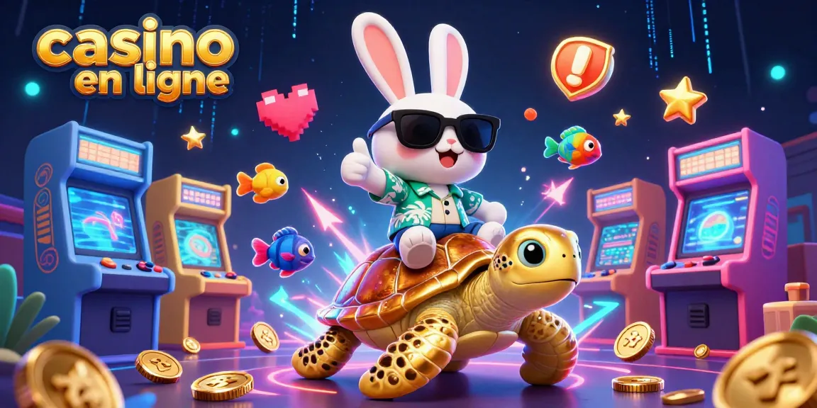 Le casino en ligne offre une expérience immersive avec un lapin chanceux sur une tortue dorée entouré de jeux.