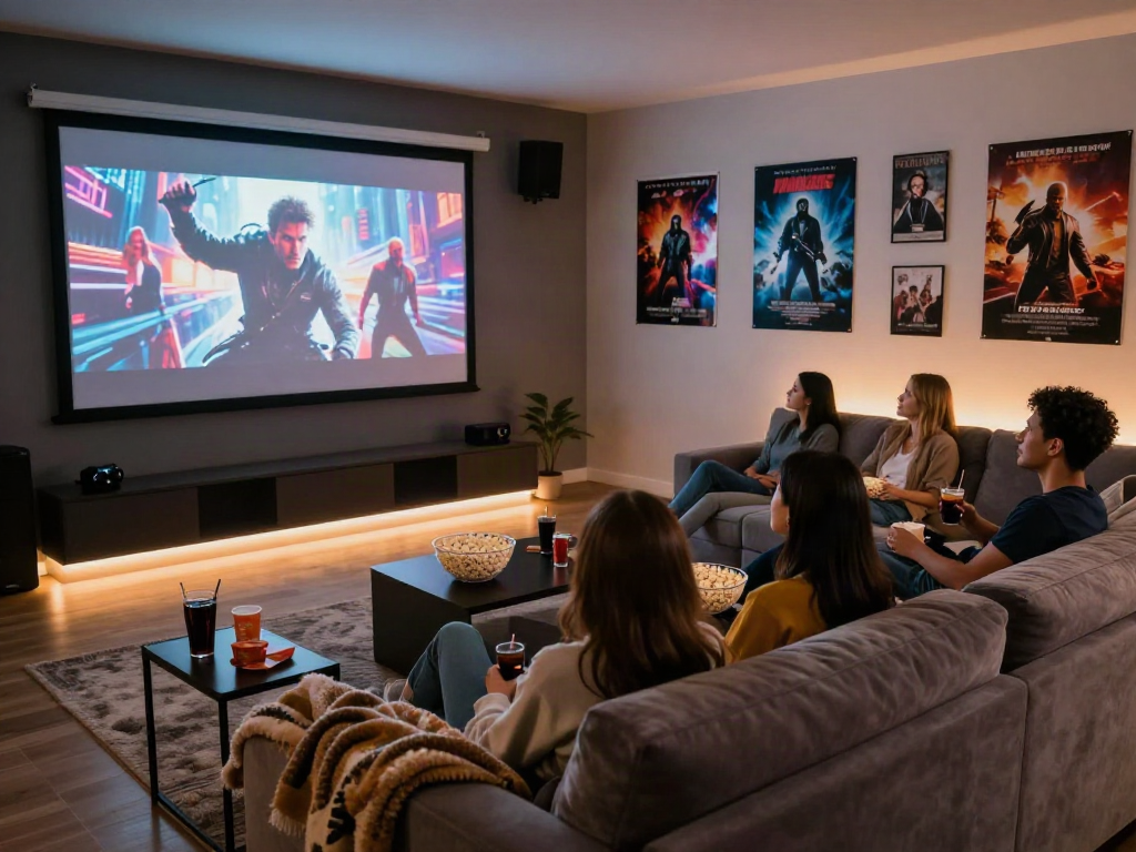 Enjoy a movie night with friends using Moviebox in a cozy home theater setup.