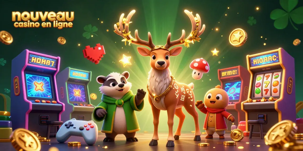 Action dynamique dans un nouveau casino en ligne mettant en scène un cerf druidique brillant avec un blaireau sage et des lumières spirituelles, entourés de machines à sous et de jeux.