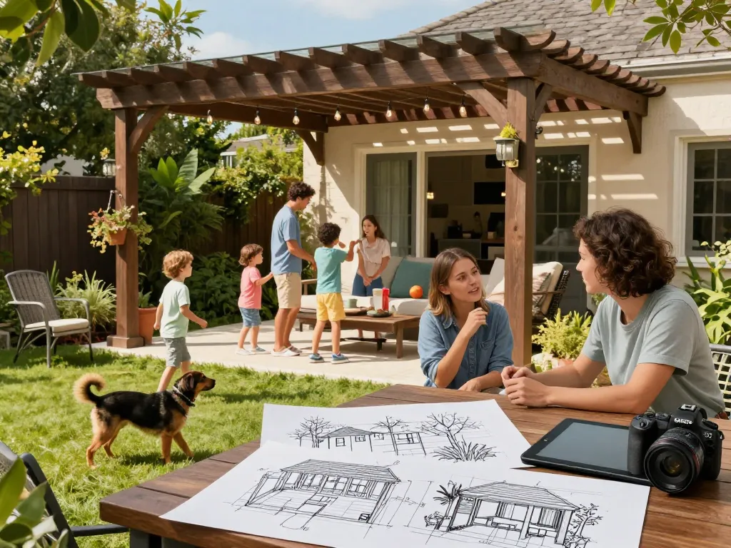 Experience the online pergola configurator with a family enjoying their backyard, vibrant and inviting atmosphere.