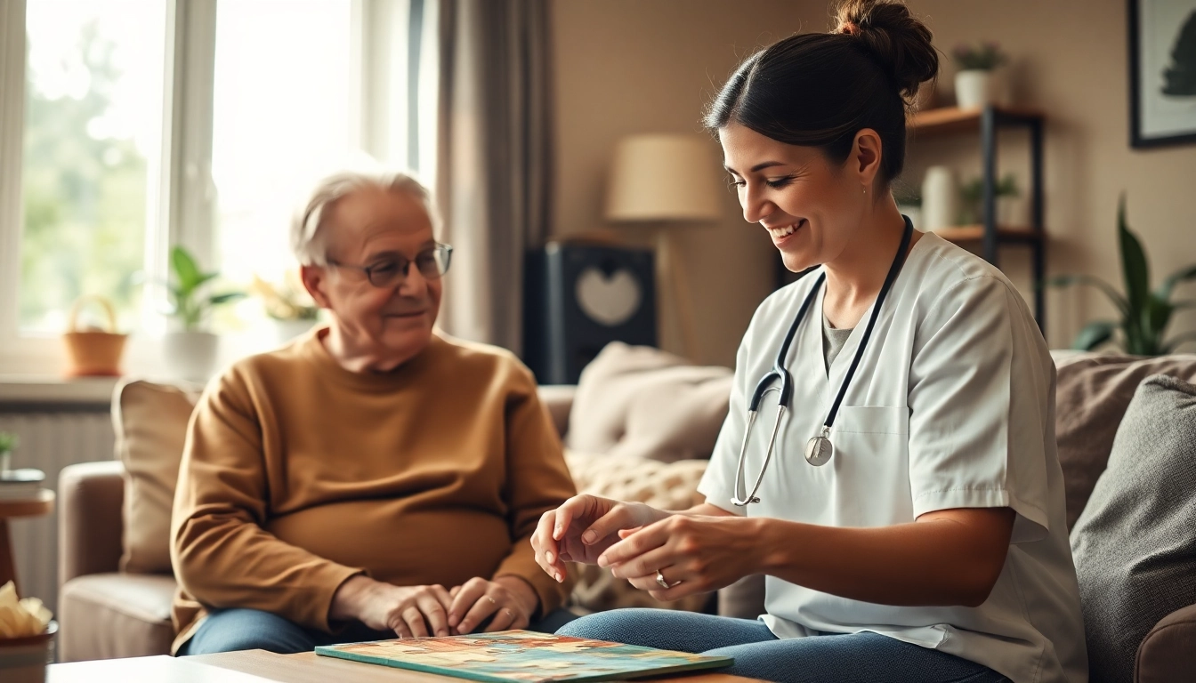 Caregiver providing austin senior home care in a cozy living room setting.