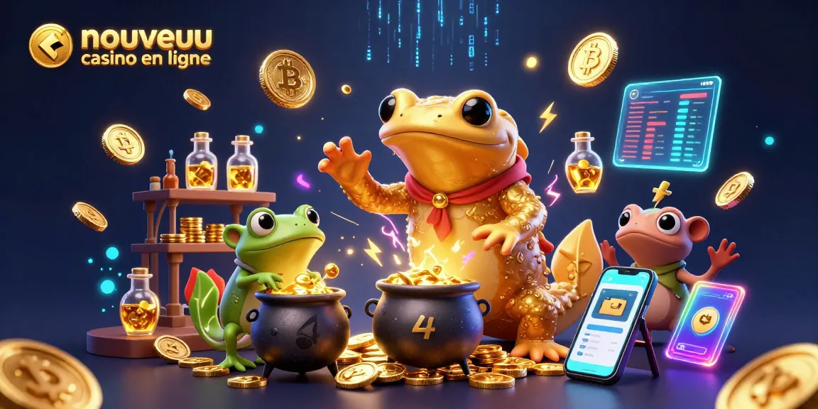 Illustration dynamique d'un nouveau casino en ligne avec un alchimiste salamandre et des cryptomonnaies scintillantes.