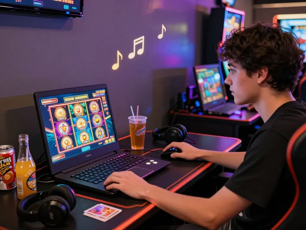 Player engaged in online gambling with vibrant slot gacor interface on screen, showcasing a lively gaming atmosphere.