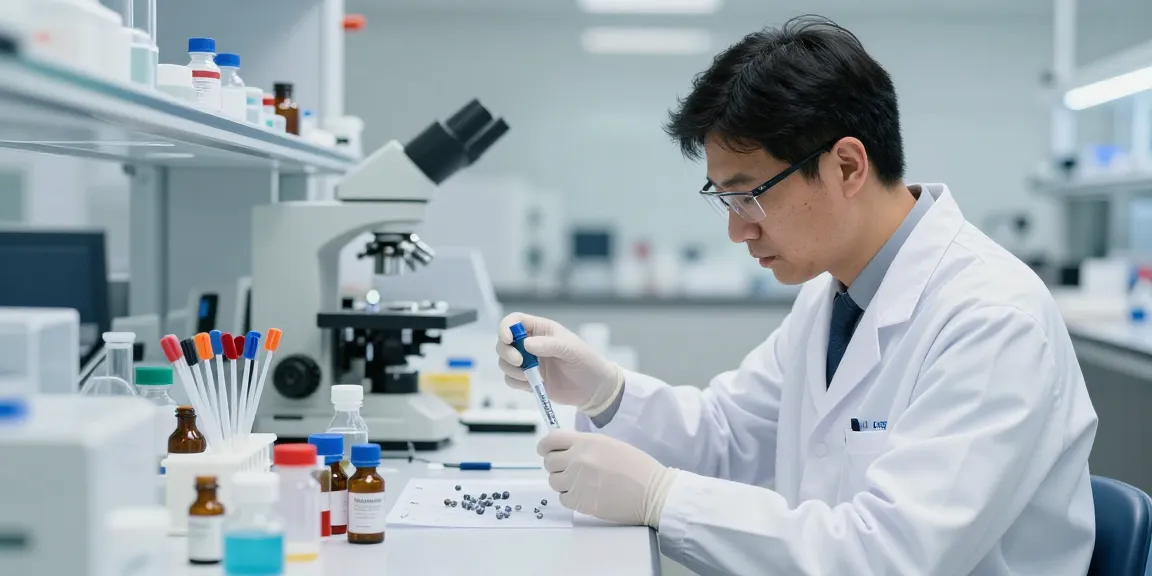 Scientist studying SwissChems peptides in a modern laboratory setting with vials and equipment.