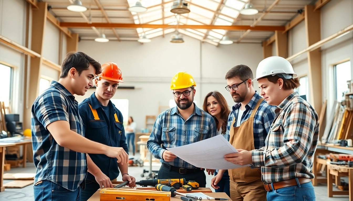 Construction trade schools in Texas showcase students practicing skills in a vibrant workshop setting.