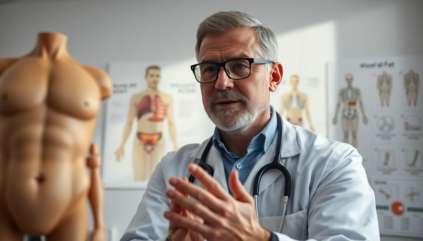 Health expert demonstrates visceral fat analysis with anatomical models in a bright clinic.