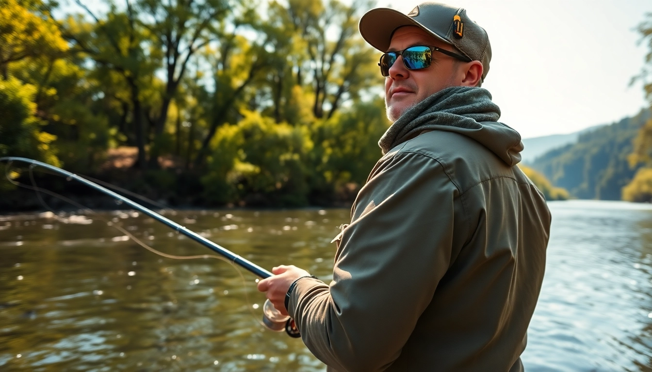 Showcasing fly fishing apparel used by an angler enjoying a serene outdoor scene.