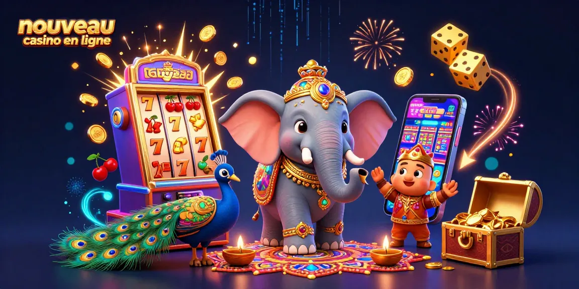 Illustration captivante d'un nouveau casino en ligne intégrant un éléphant coloré et des machines à sous scintillantes.