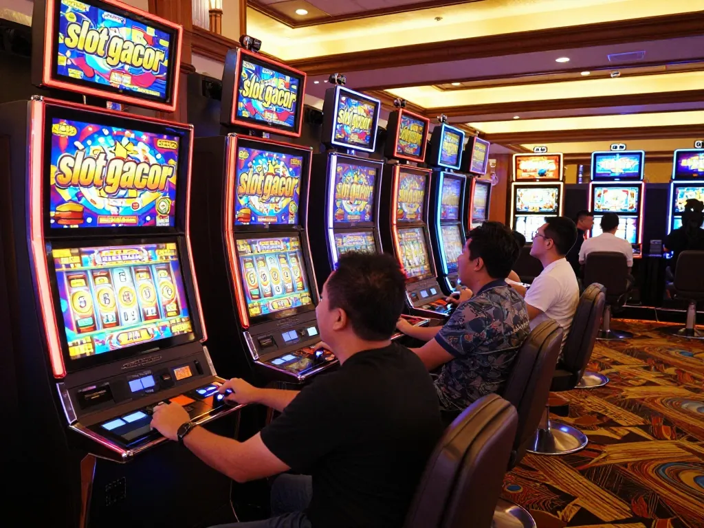 Excited players engaging with slot gacor machines in vibrant casino atmosphere