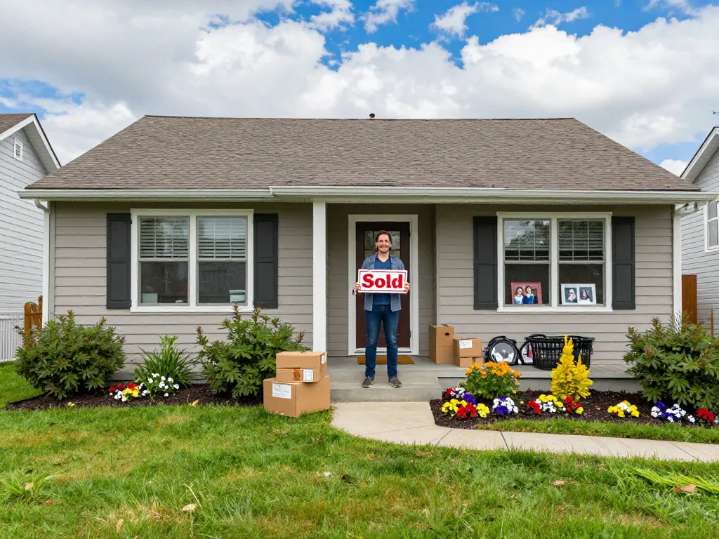 Sell my house fast for cash with a smiling homeowner on porch holding a "Sold" sign.