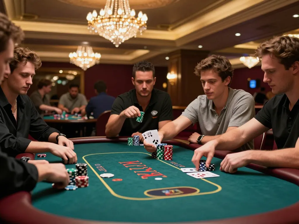 Engaging poker gameplay showcasing slot gacor situs luar negeri excitement with players and chips at a vibrant casino table.
