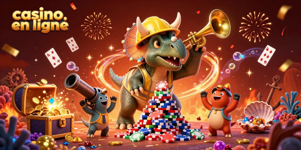 Construisez votre victoire dans un casino en ligne, avec un triceratops et des jetons de poker s'élevant en pyramide.