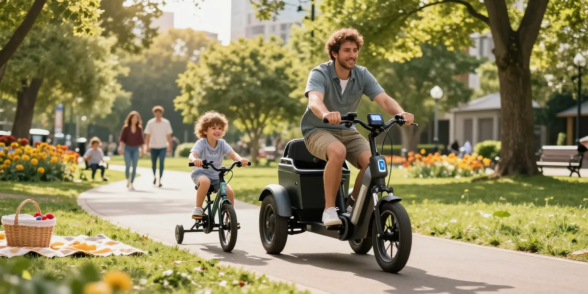 Experience the best electric tricycles in an urban park, showcasing happy riders and green surroundings.