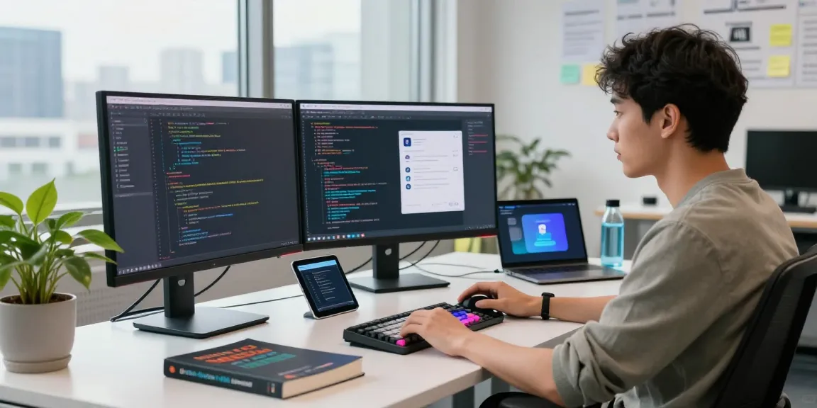 Showcasing a developer's workspace for crush on ai, featuring multiple monitors with AI models and code, vibrant office atmosphere.