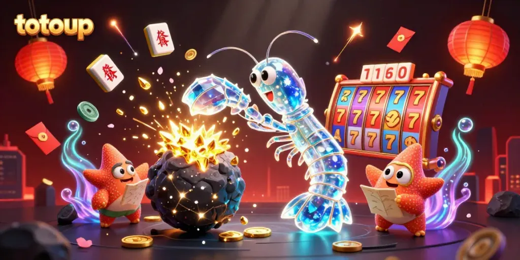Win big with totoup in an engaging casino scene of sparkling slot reels and lucky symbols.
