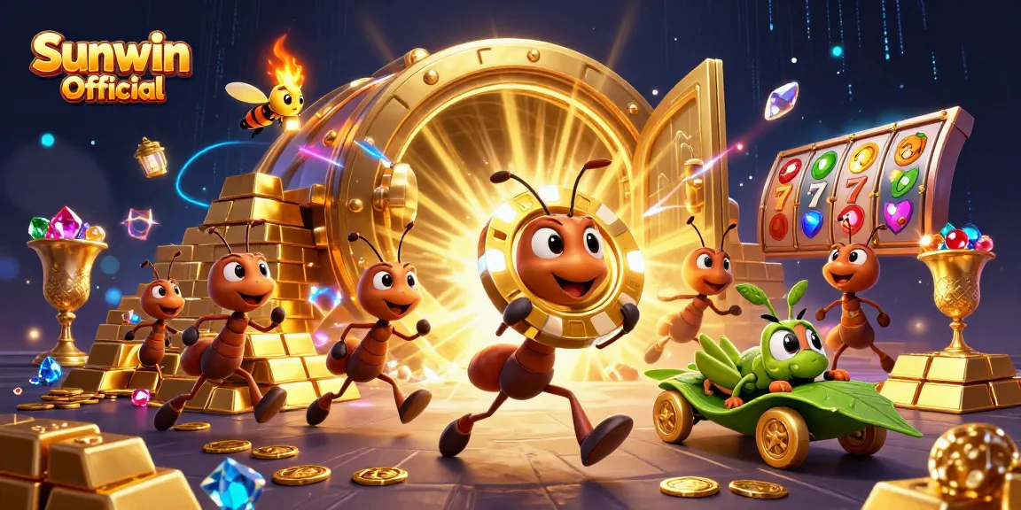 Engage with Sunwin Official's dynamic gameplay while ants carry a giant poker chip in a vibrant casino heist scene.