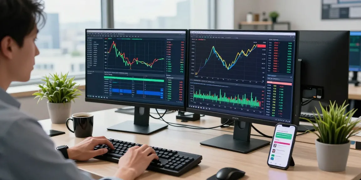 Trader analyzing forex data on MetaTrader 4 in a modern office setting
