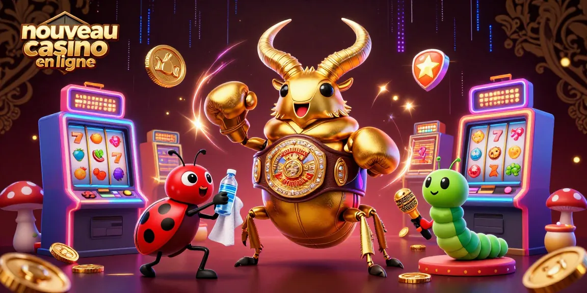 Illustration 3D d'un nouveau casino en ligne avec un scarabée géant et des machines à sous colorées.