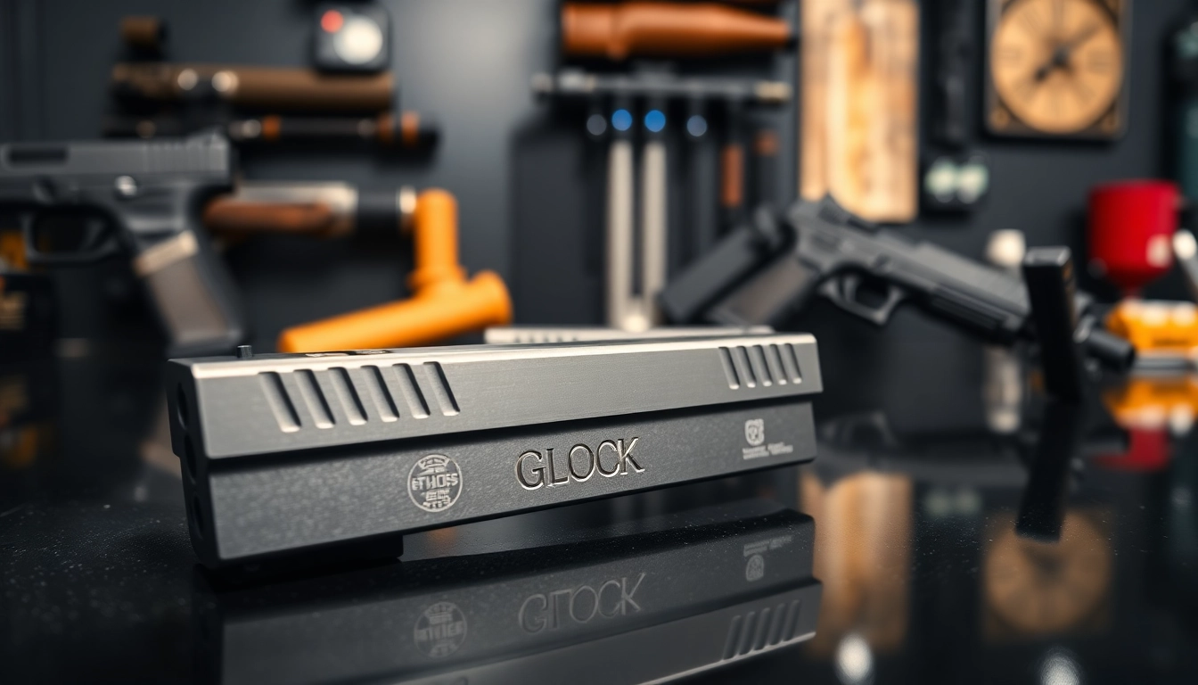 Showcasing quality glock 17 slides on a black countertop with dynamic lighting and detail.