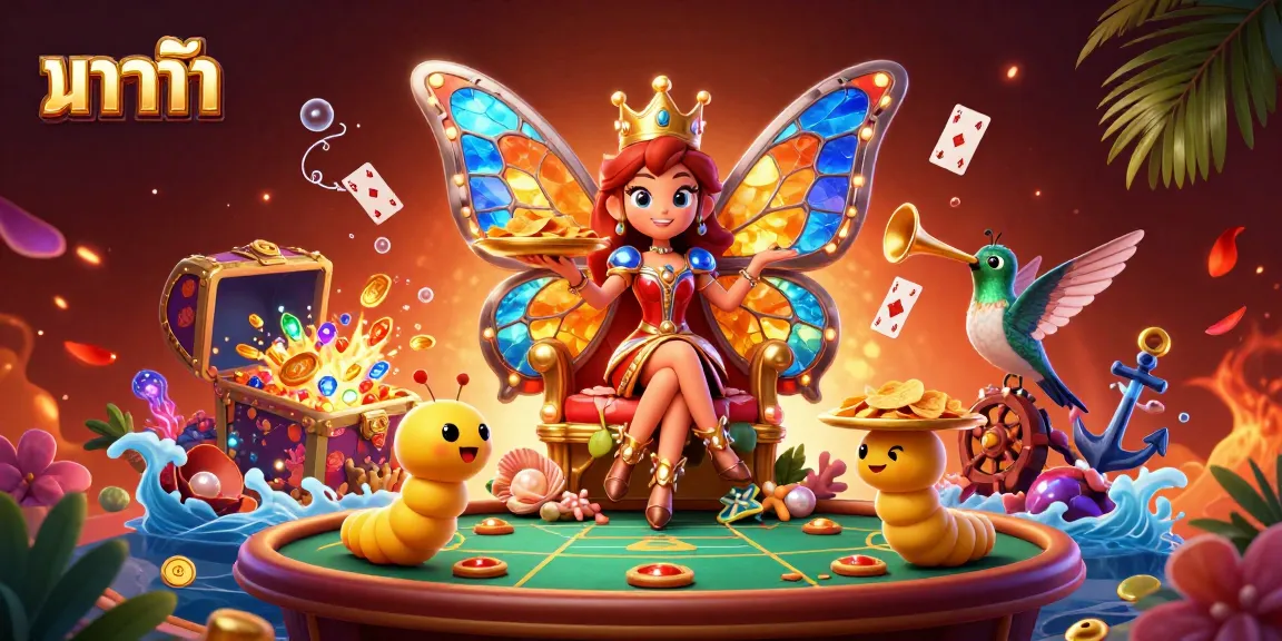 Engage in baccarat action with a vibrant butterfly queen and lively casino elements.