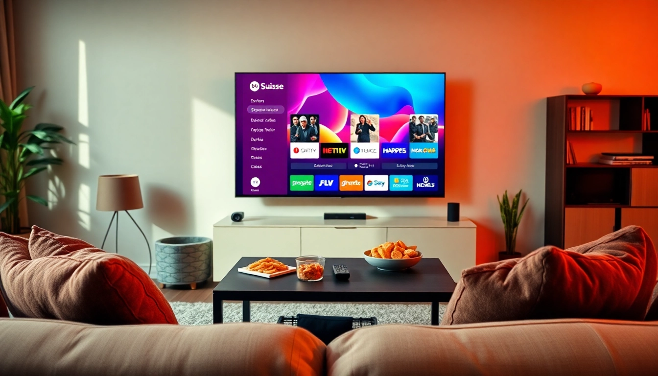 Engaging living room scene featuring Suisse IPTV on a smart TV with a stylish setup.