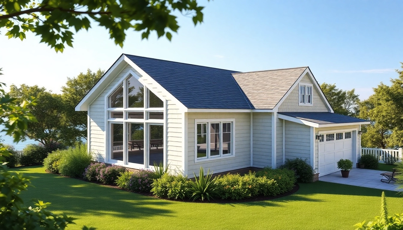Stunning cape cod home addition with an elegant attached garage surrounded by greenery.