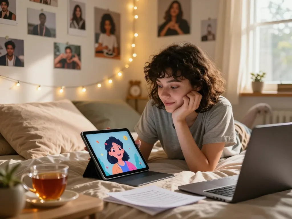 Engaging with an AI girlfriend character on a tablet in a cozy bedroom.
