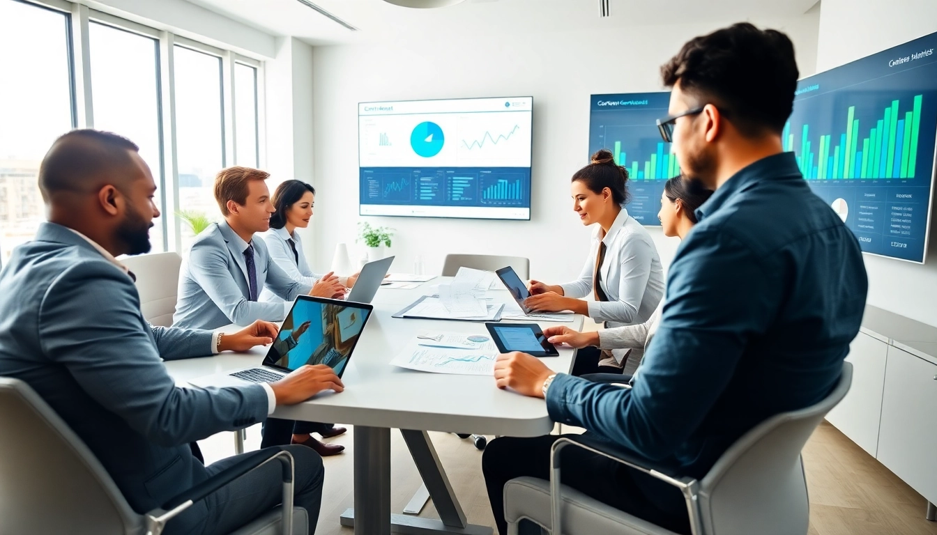 Engaged team collaborating on Contract Management strategies in a bright office environment.