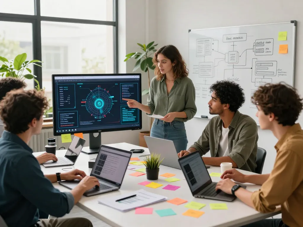 Team collaborates in a bright office using an image to prompt tool for AI innovations.