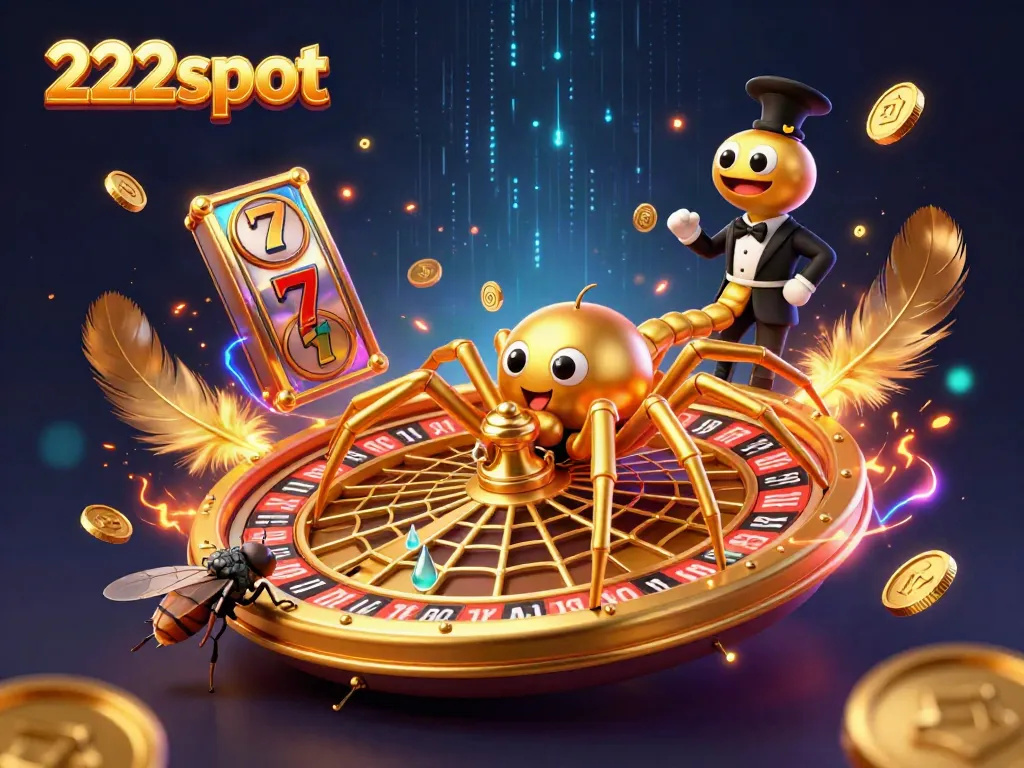 Objek ilustrasi 222slot dengan laba-laba emas dan elemen permainan yang mencolok.
