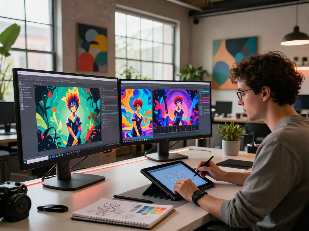 Artist creating engaging nsfw ai artwork in a modern digital studio.