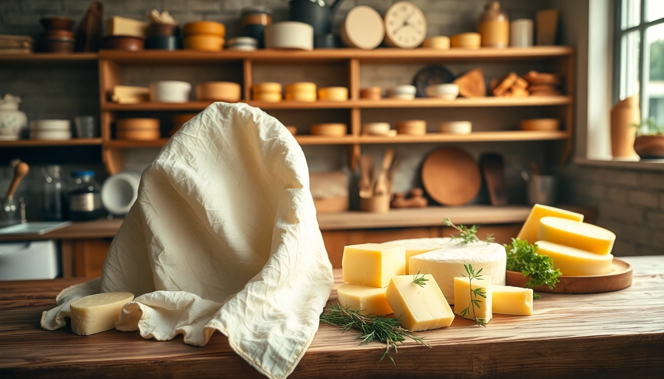 Kaasdoek in a kitchen setting with cheese and herbs, enhancing culinary experiences.