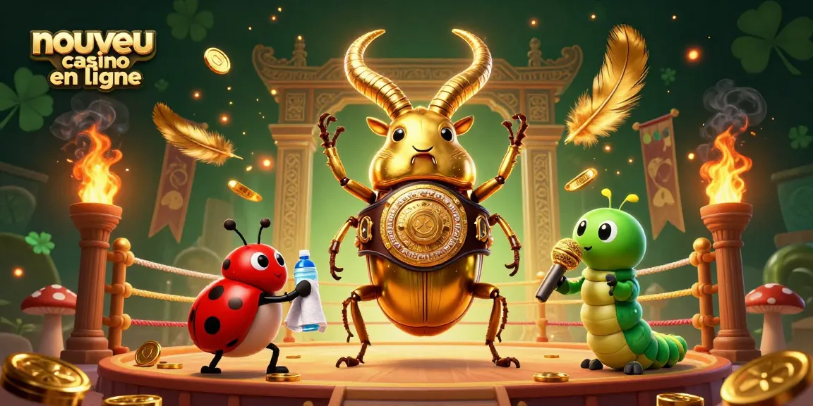 Illustration d'un nouveau casino en ligne avec un scarabée doré et des éléments de jeu captivants.